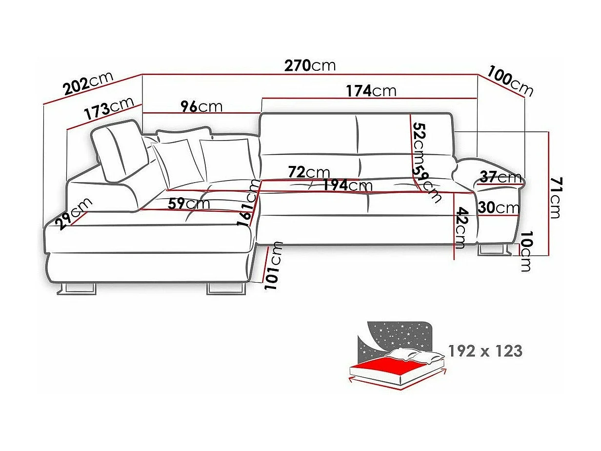 Sofá rinconero Comfivo 167, Gris, Función de descanso, Almacenaje, 270x202x71cm