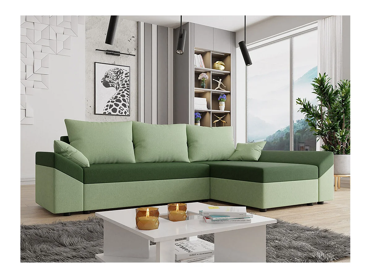 Canapé d'angle Memphis 104, Vert, Fonction de couchage, Boîte de literie, 240x140x82cm