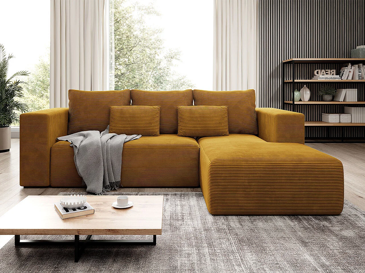 Sofá rinconero Arvada 116, Amarillo, Función de descanso, Almacenaje, 255x161x91cm