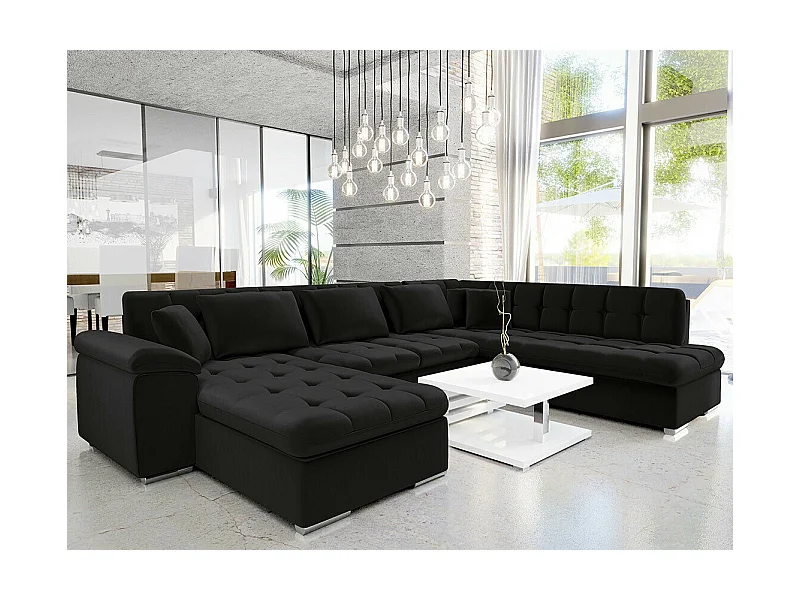 Canapé d'angle Comfivo 114, Noir, Fonction de couchage, Boîte de literie, 348x205x76cm