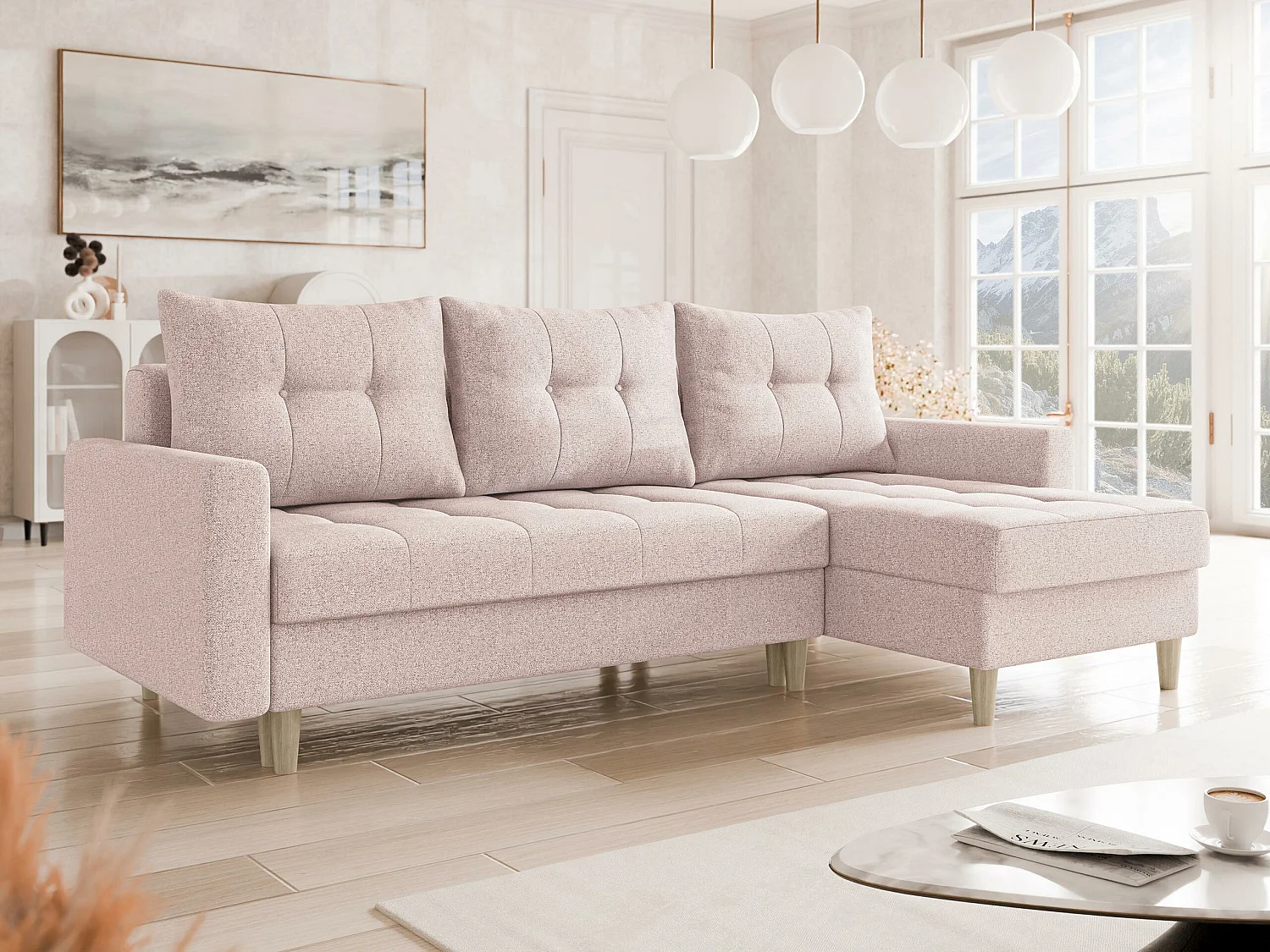 Canapé d'angle Boulder 100, Rose, Fonction de couchage, Boîte de literie, 222x140x90cm