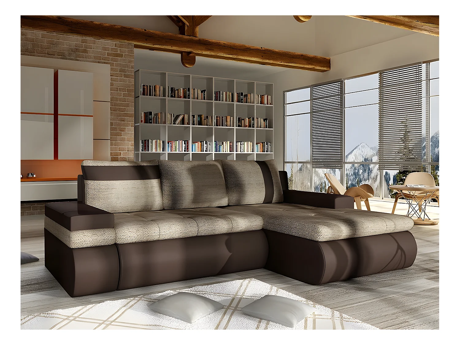 Canapé d'angle Temple 101, Marron, Fonction de couchage, Boîte de literie, 245x182x90cm