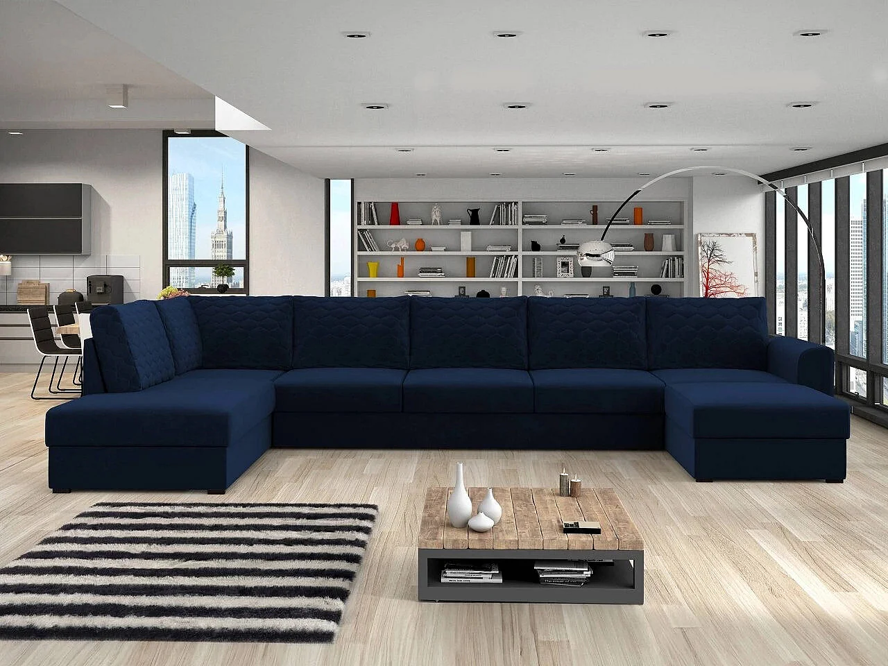 Sofá rinconero Comfivo 191, Azul, Función de descanso, Almacenaje, 370x186x85cm