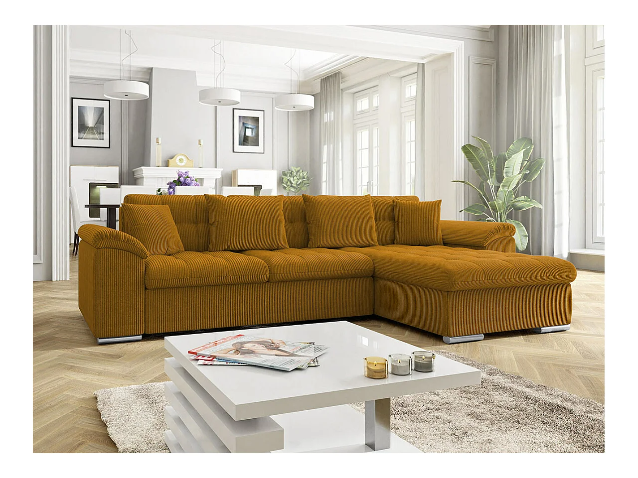 Canapé d'angle Comfivo 107, Jaune, Fonction de couchage, Boîte de literie, 280x160x76cm