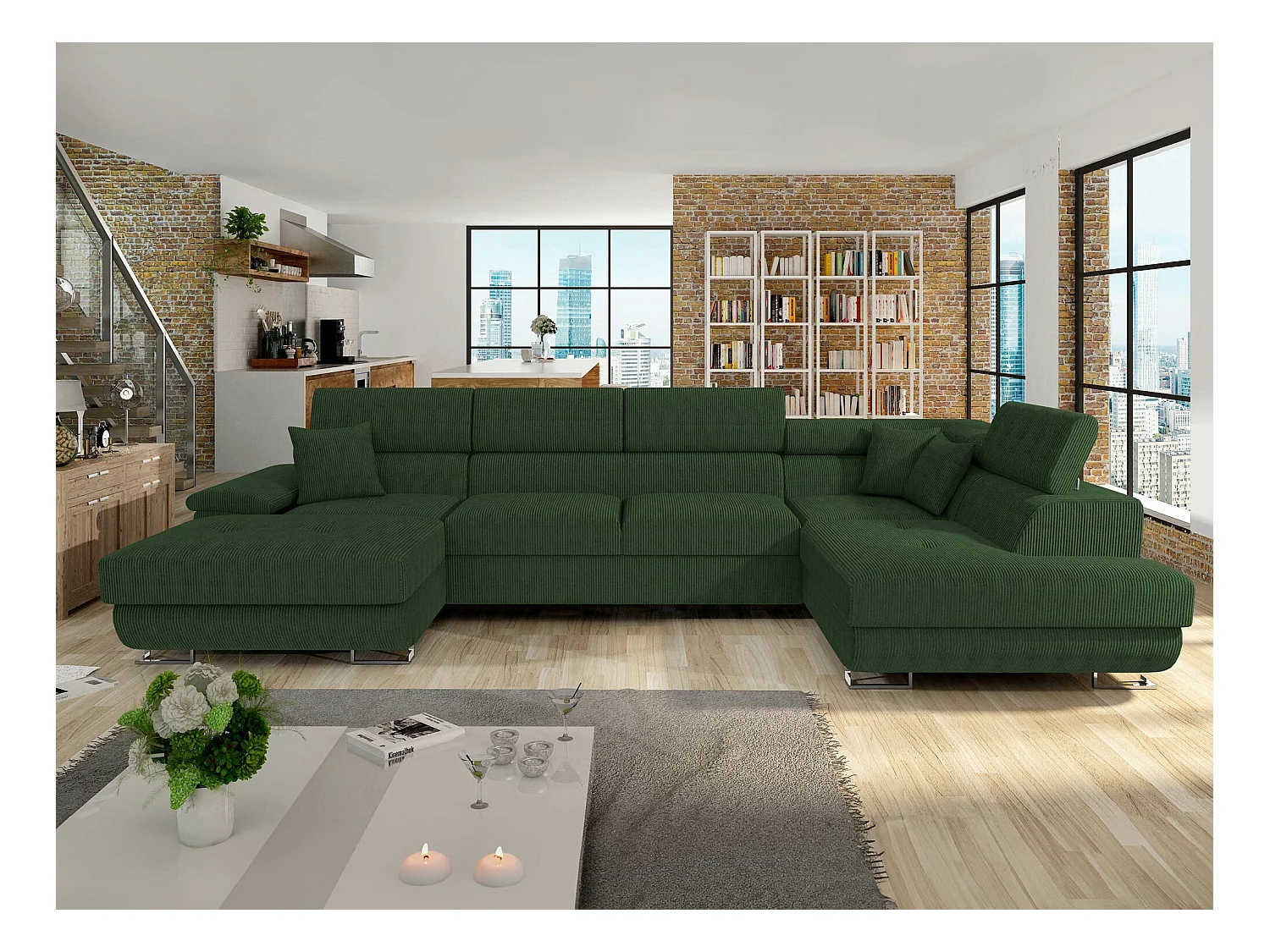 Canapé d'angle Comfivo 138, Vert, Fonction de couchage, Boîte de literie, 345x202x71cm