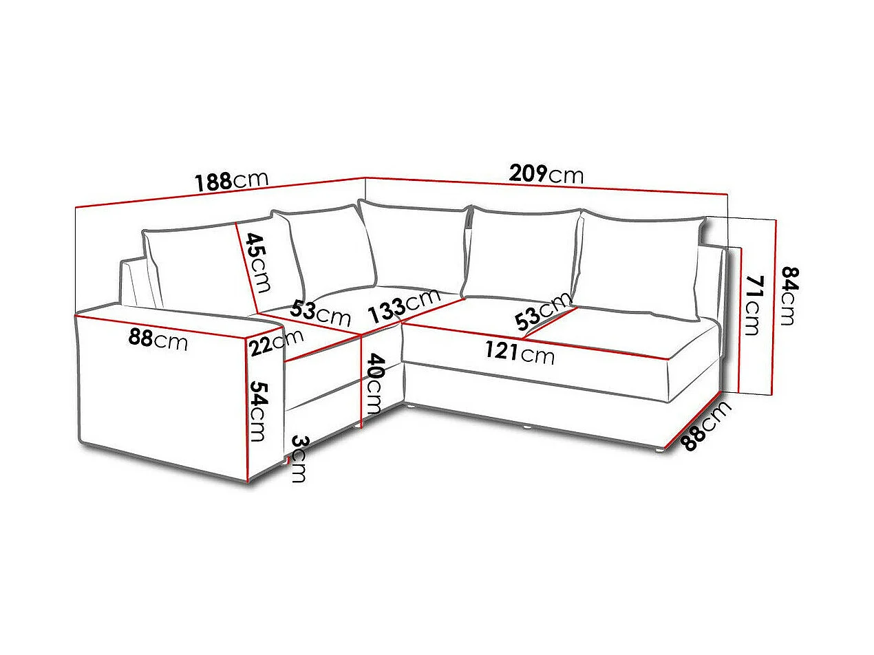 Canapé d'angle Providence 120, Gris, 209x188x84cm