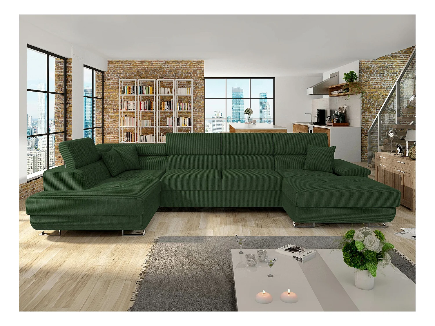 Sofá rinconero Comfivo 138, Verde, Función de descanso, Almacenaje, 345x202x71cm