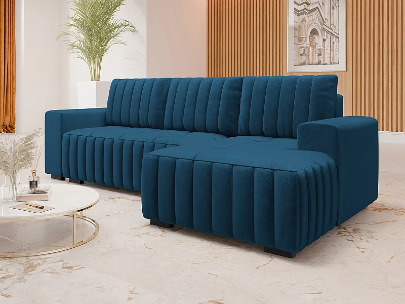 Canapé d'angle Columbus 154, Bleu, Fonction de couchage, Boîte de literie, 240x140x85cm