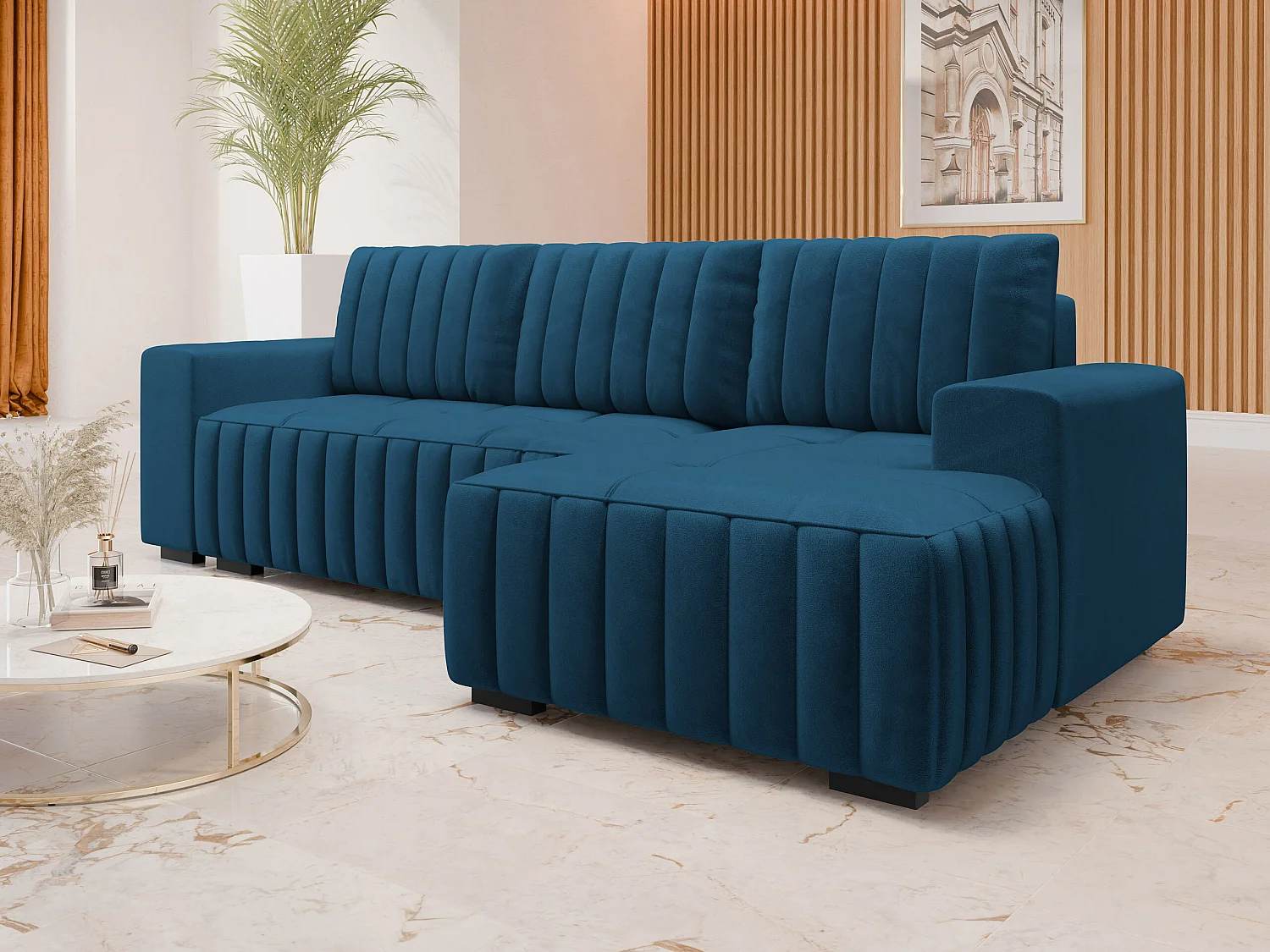 Sofá de canto Columbus 154, Azul, Funcionalidade de dormir, 24x14x9cm