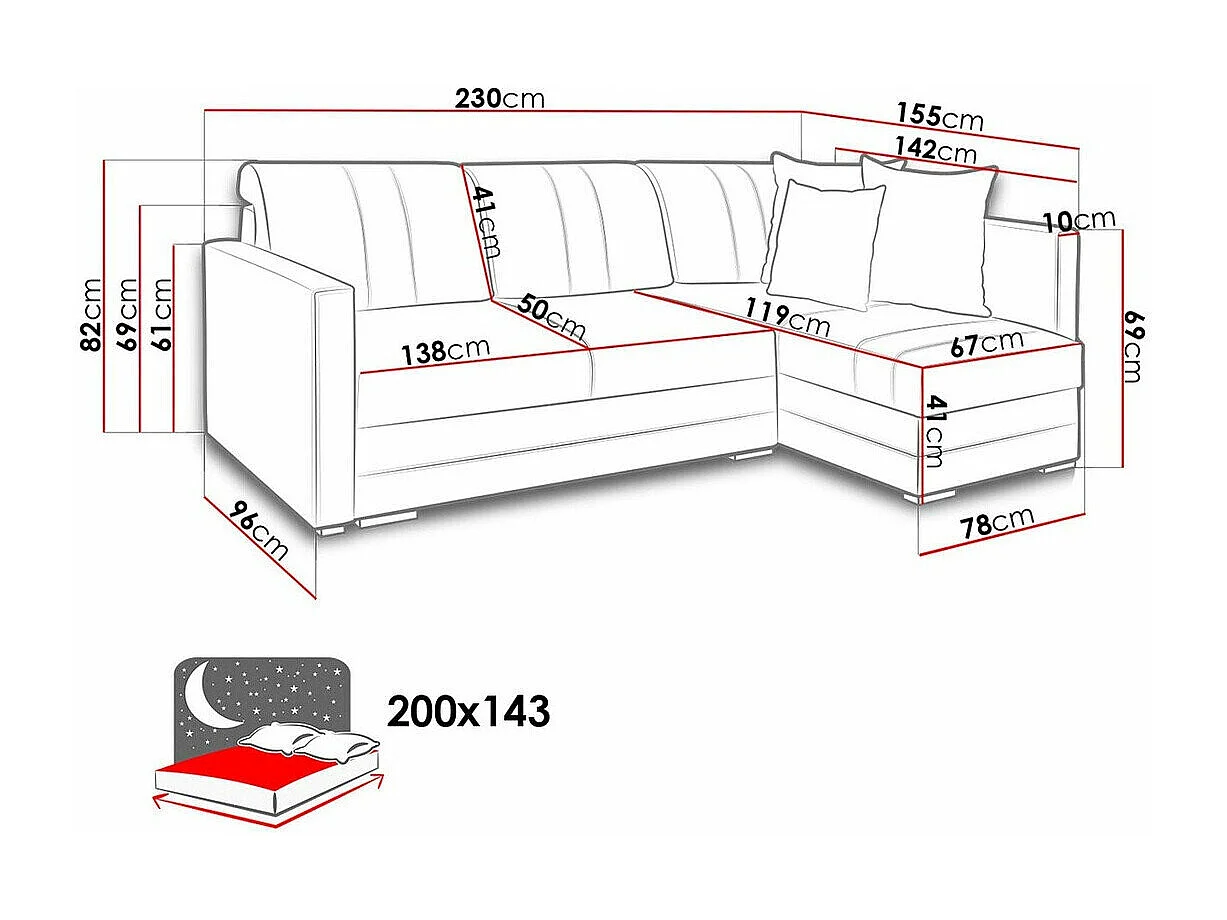 Canapé d'angle Edinburg 100, Gris, Fonction de couchage, Boîte de literie, 230x155x82cm