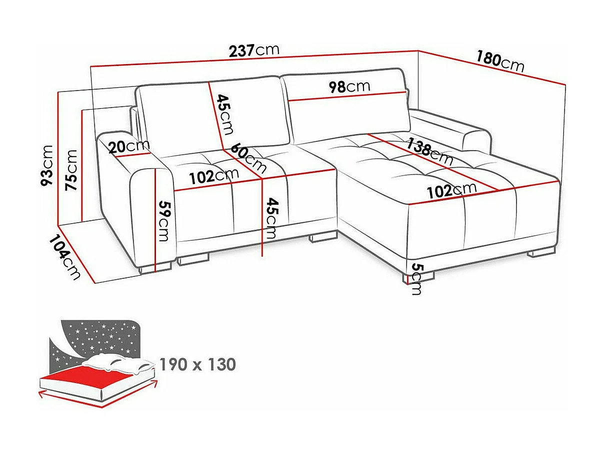 Canapé d&#039;angle Columbus 183, Gris, Disponible, 237x180x75cm