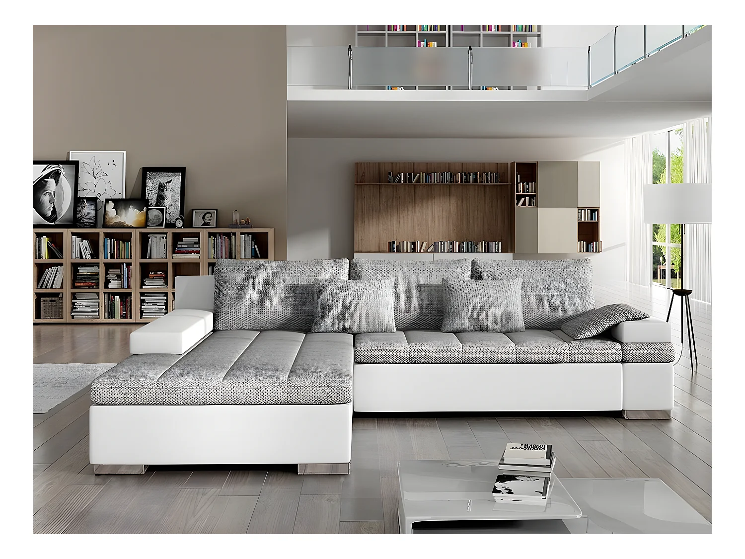 Canapé d'angle Comfivo 113, Gris, Fonction de couchage, Boîte de literie, 310x175x83cm