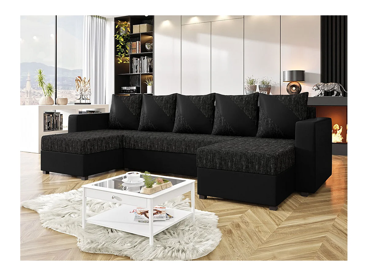 Canapé d'angle Memphis 121, Noir, Fonction de couchage, Boîte de literie, 308x139x83cm