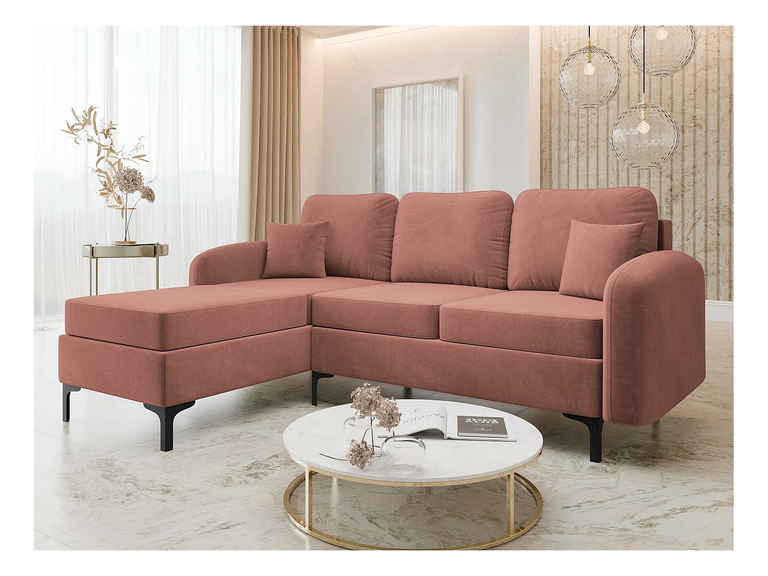 Sofá rinconero Torlua 103, Rosa, Función de descanso, Almacenaje, 225x172x96cm