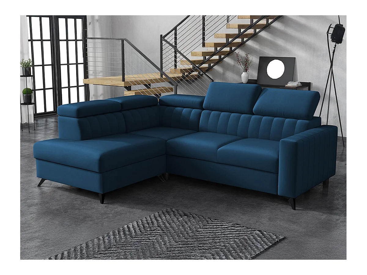 Canapé d'angle Columbus 202, Bleu, Fonction de couchage, Boîte de literie, 249x195x80cm