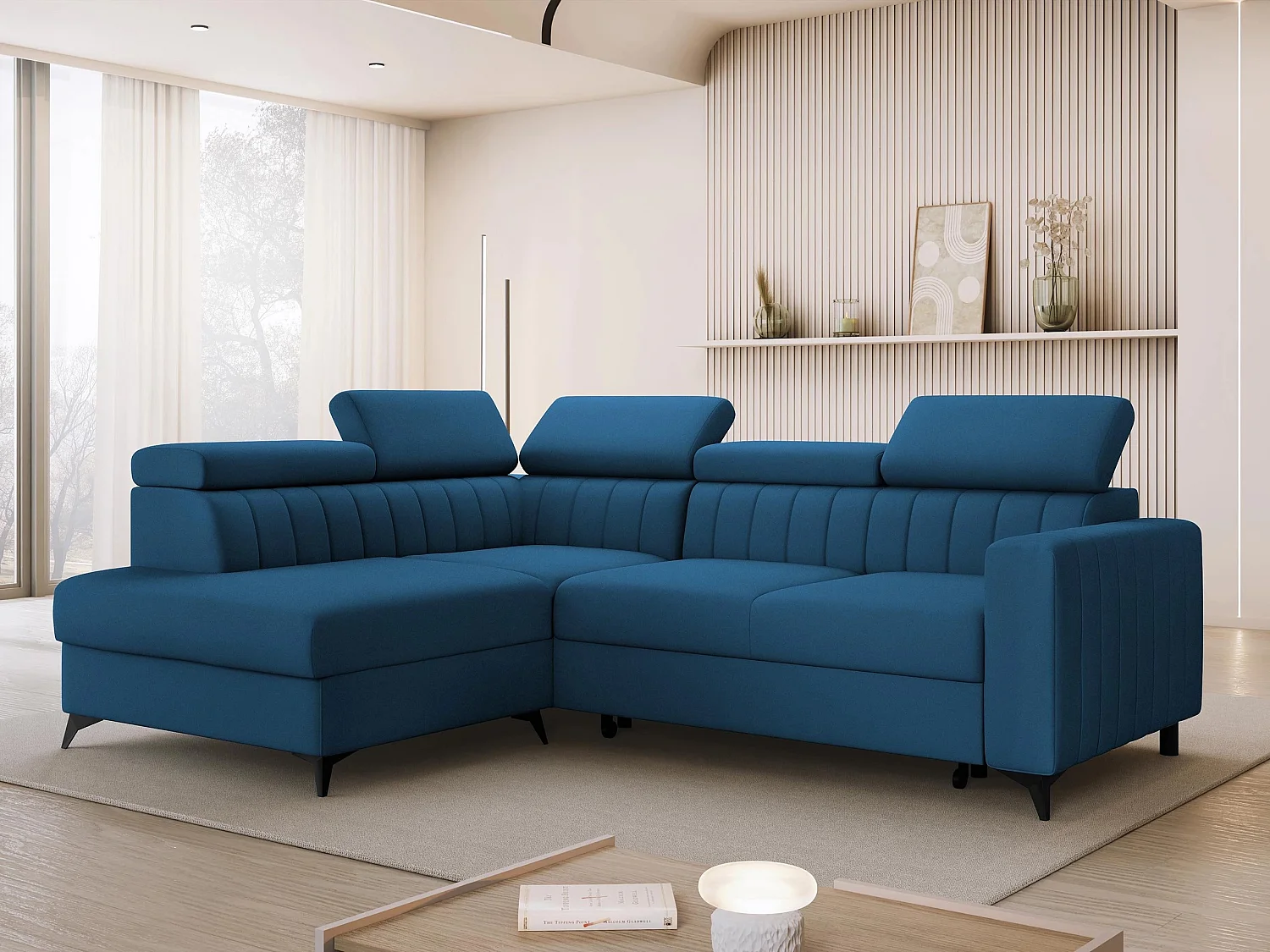 Sofá rinconero Columbus 202, Azul, Función de descanso, Almacenaje, 249x195x80cm