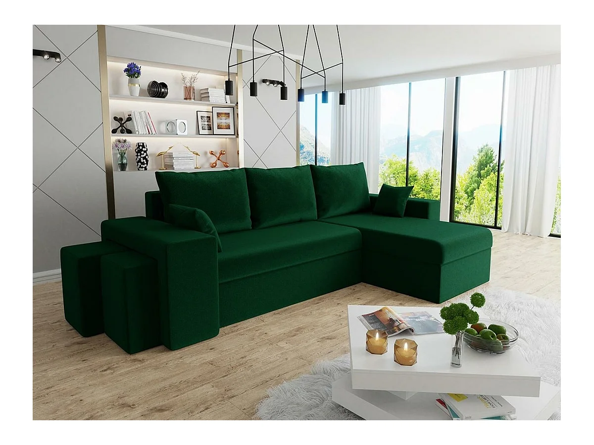 Canapé d'angle Memphis 129, Vert, Fonction de couchage, Boîte de literie, 256x139x80cm
