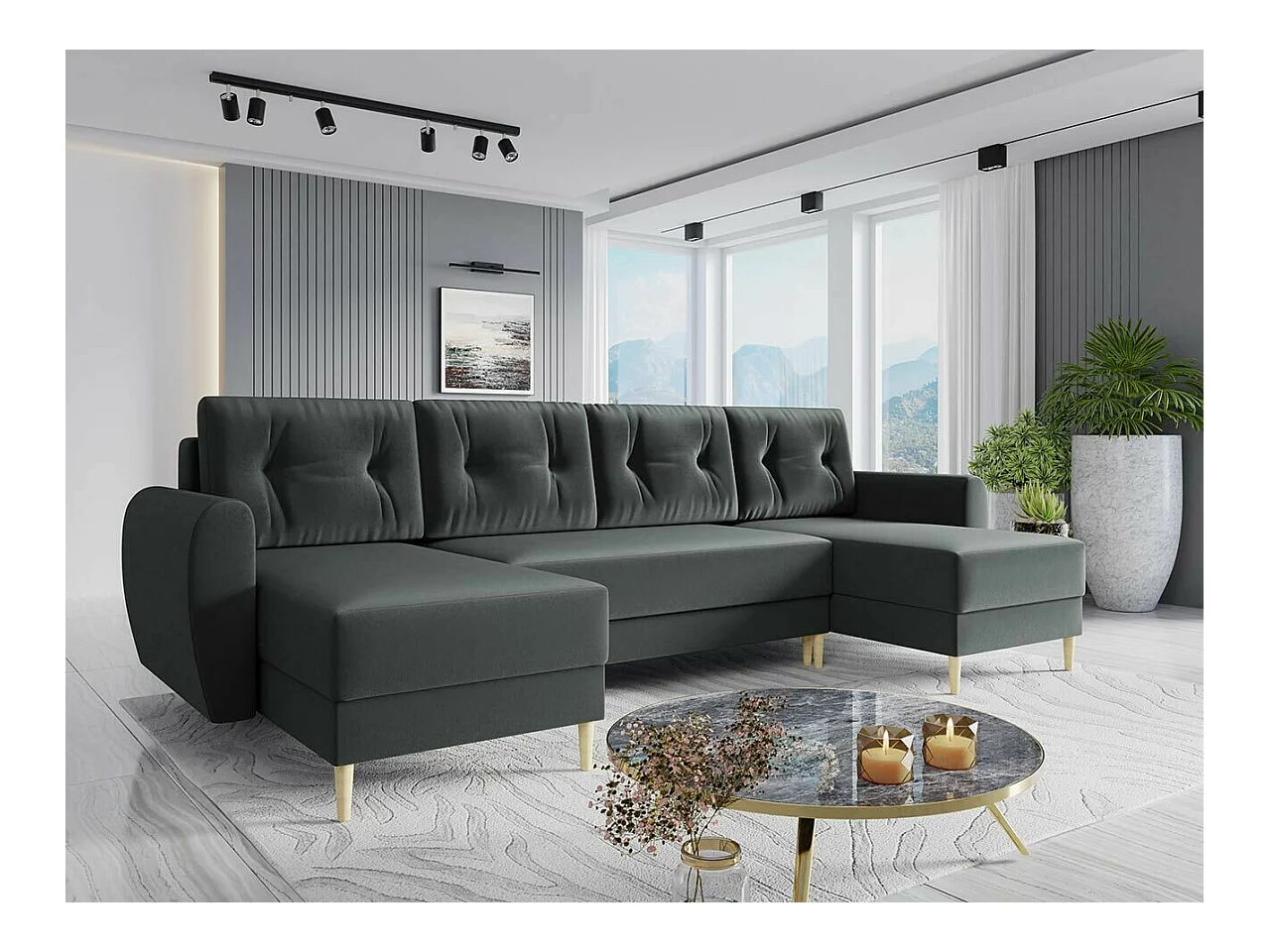 Canapé d'angle Memphis 110, Gris, Fonction de couchage, Boîte de literie, 307x139x95cm