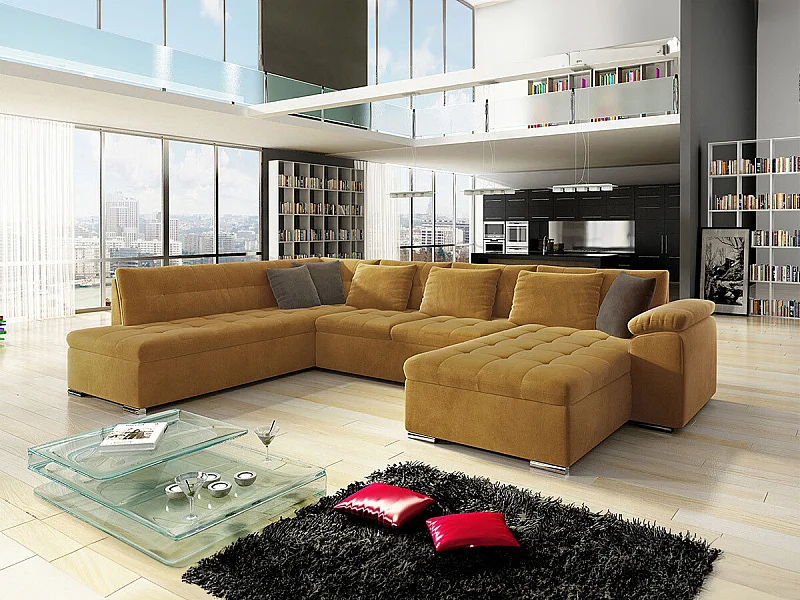 Sofá rinconero Comfivo 114, Amarillo, Función de descanso, Almacenaje, 348x205x76cm