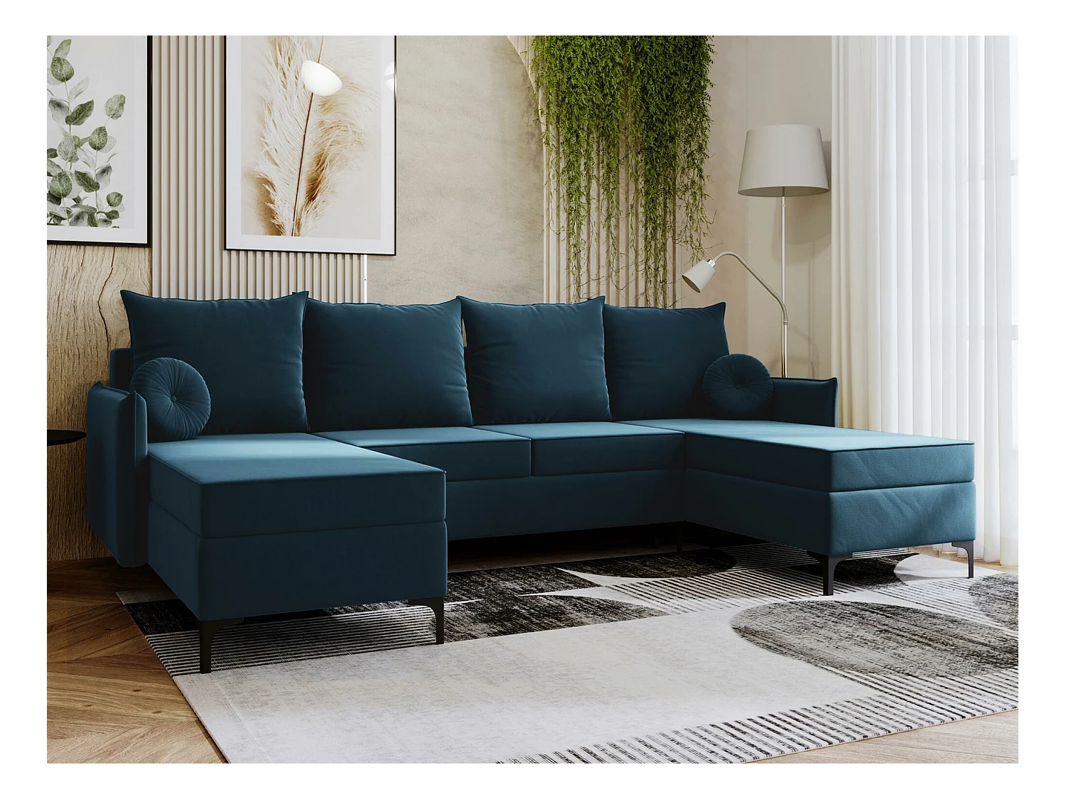 Canapé d'angle Clovis 111, Bleu, Fonction de couchage, Boîte de literie, 281x168x101cm