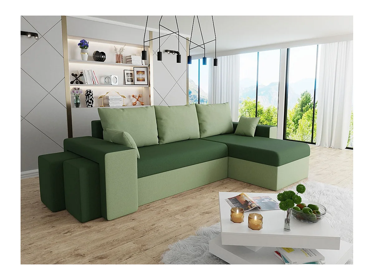 Canapé d'angle Memphis 124, Vert, Fonction de couchage, Boîte de literie, 256x139x80cm