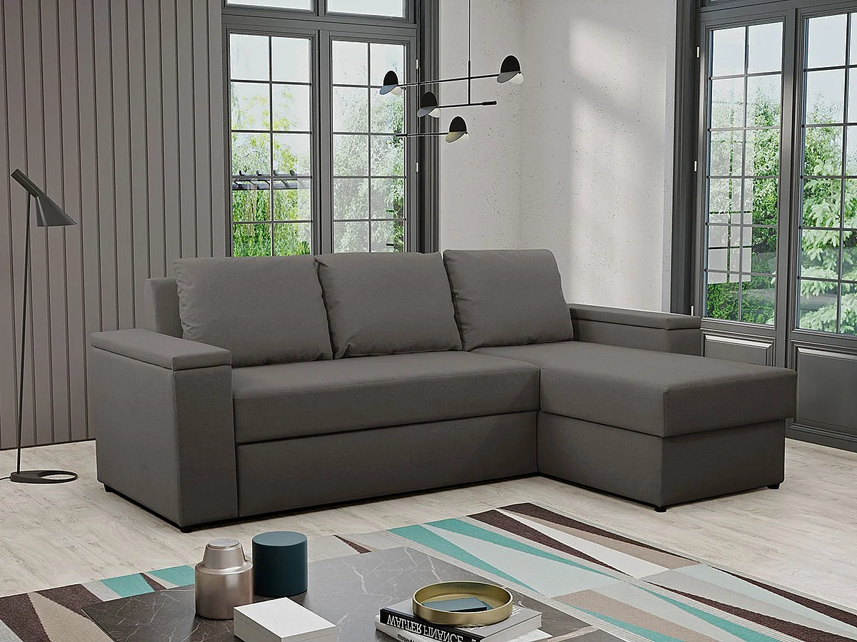 Canapé d'angle Providence 149, Gris, Fonction de couchage, Boîte de literie, 246x156x82cm
