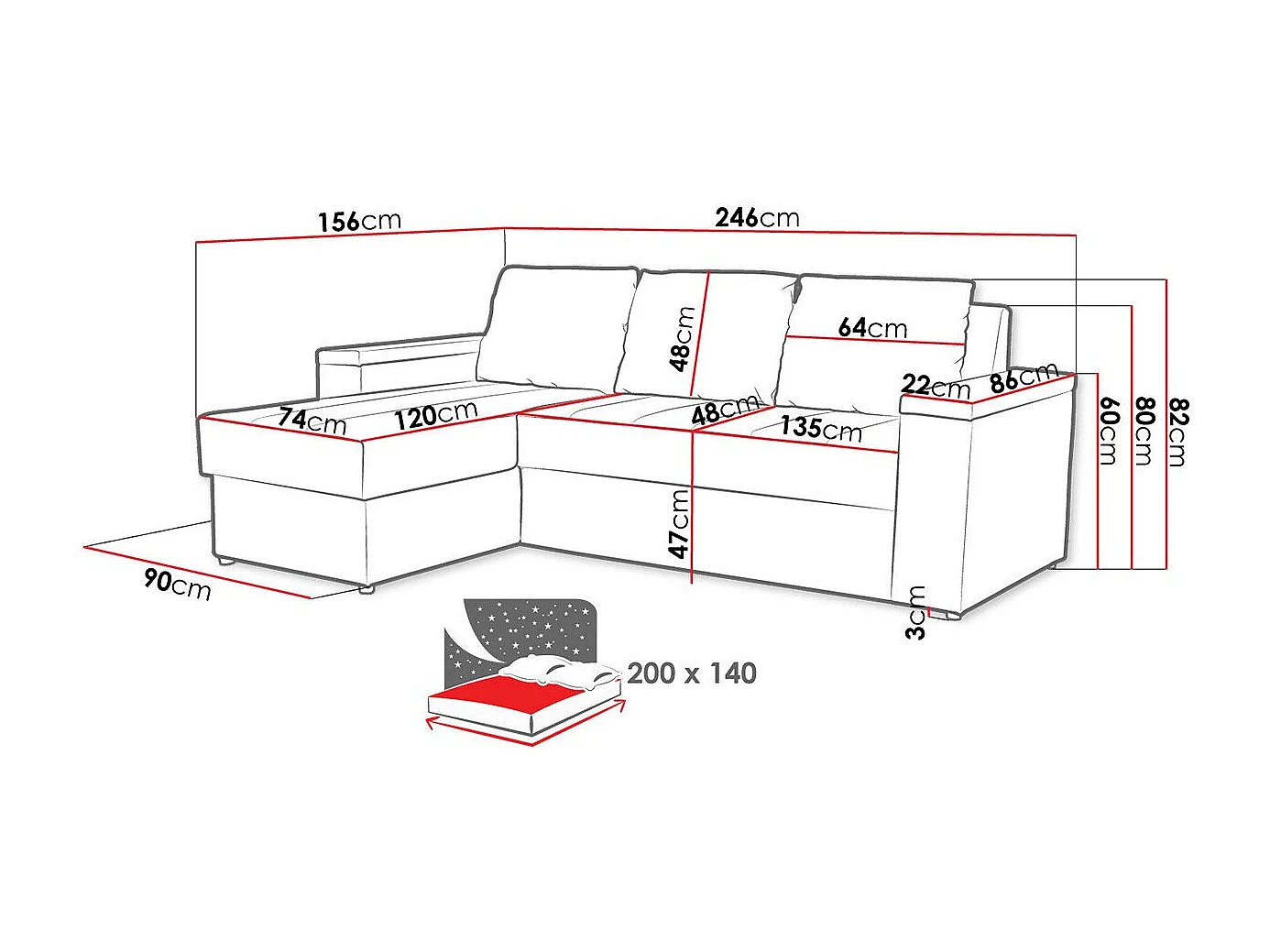 Canapé d'angle Providence 149, Gris, Fonction de couchage, Boîte de literie, 246x156x82cm