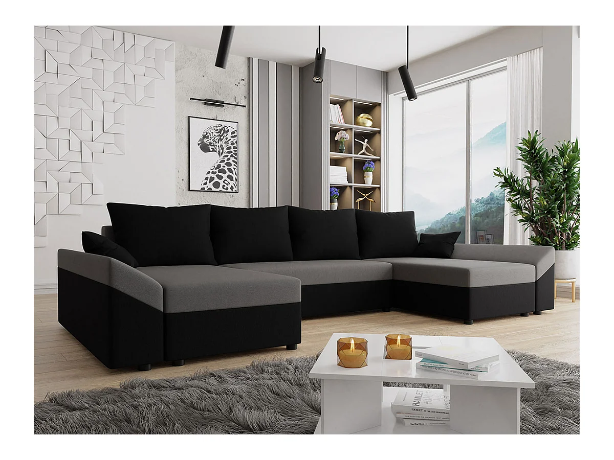 Canapé d'angle Memphis 105, Noir, Fonction de couchage, Boîte de literie, 317x140x82cm
