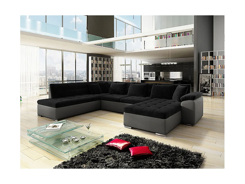 Sofá rinconero Comfivo 114, Negro, Función de descanso, Almacenaje, 348x205x76cm