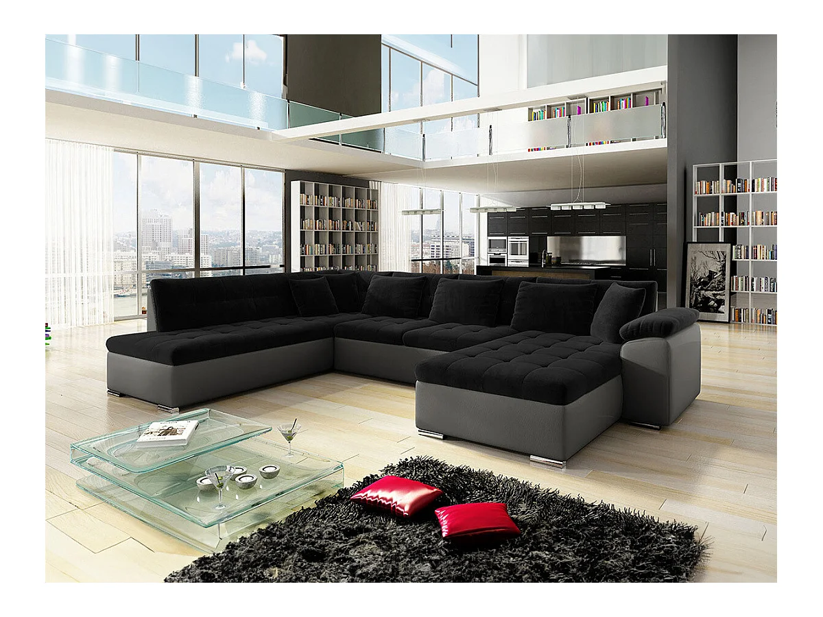 Canapé d'angle Comfivo 114, Noir, Fonction de couchage, Boîte de literie, 348x205x76cm