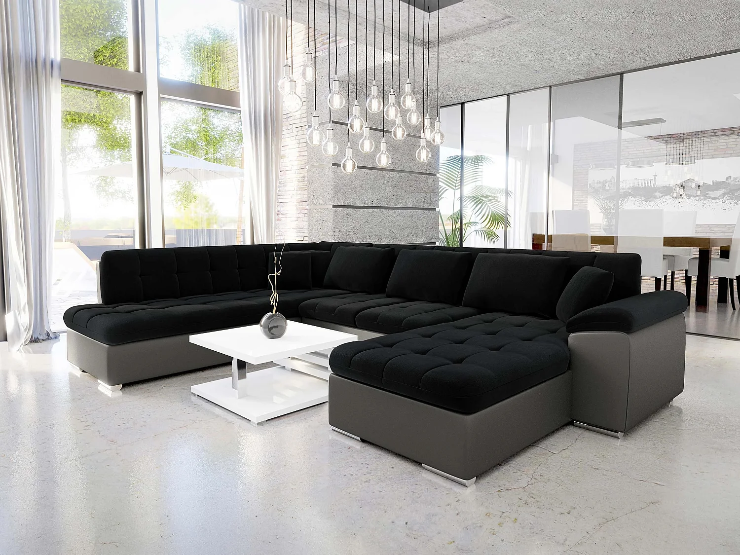 Sofá rinconero Comfivo Gemma, Negro, Función de descanso, Almacenaje, 348x205x76cm