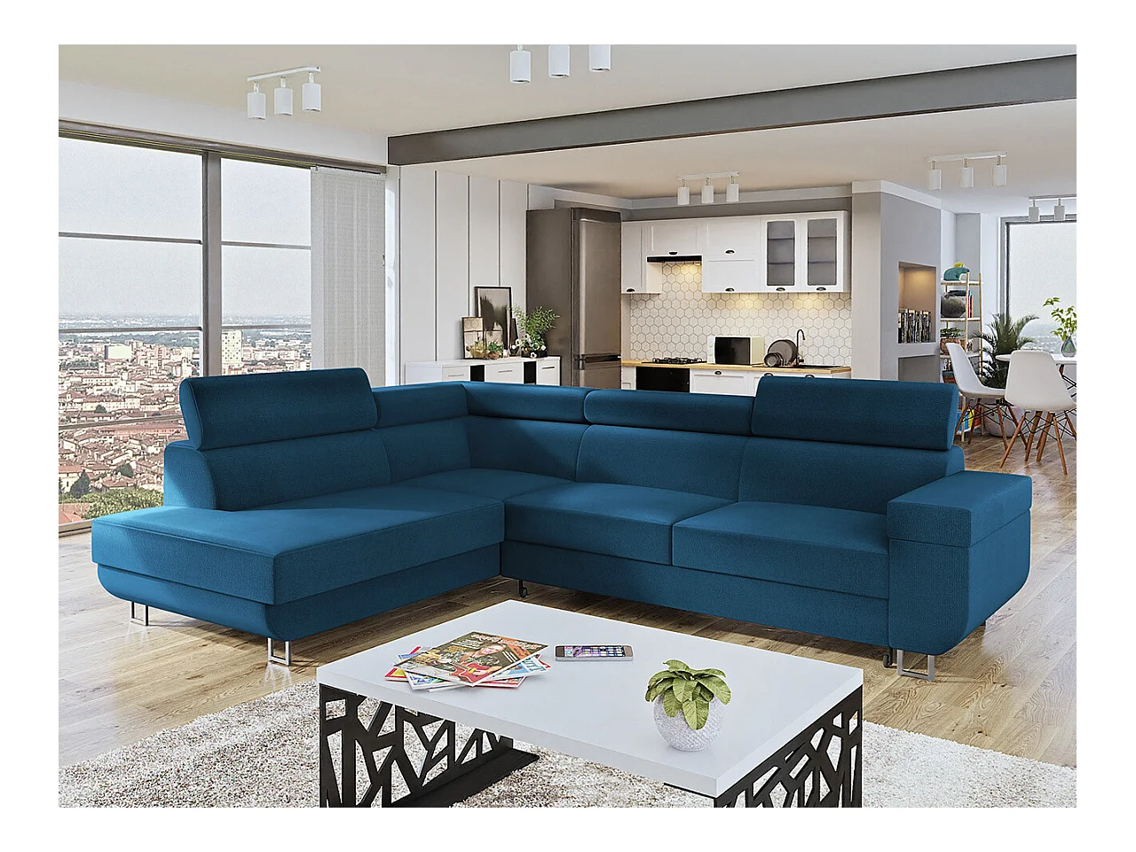 Canapé d'angle Comfivo 306, Bleu, Fonction de couchage, Boîte de literie, 253x188x71cm