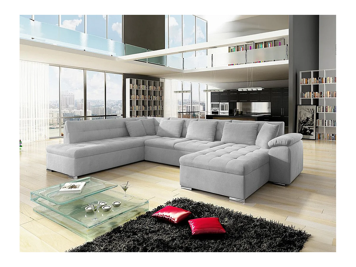 Canapé d'angle Comfivo 114, Gris, Fonction de couchage, Boîte de literie, 348x205x76cm