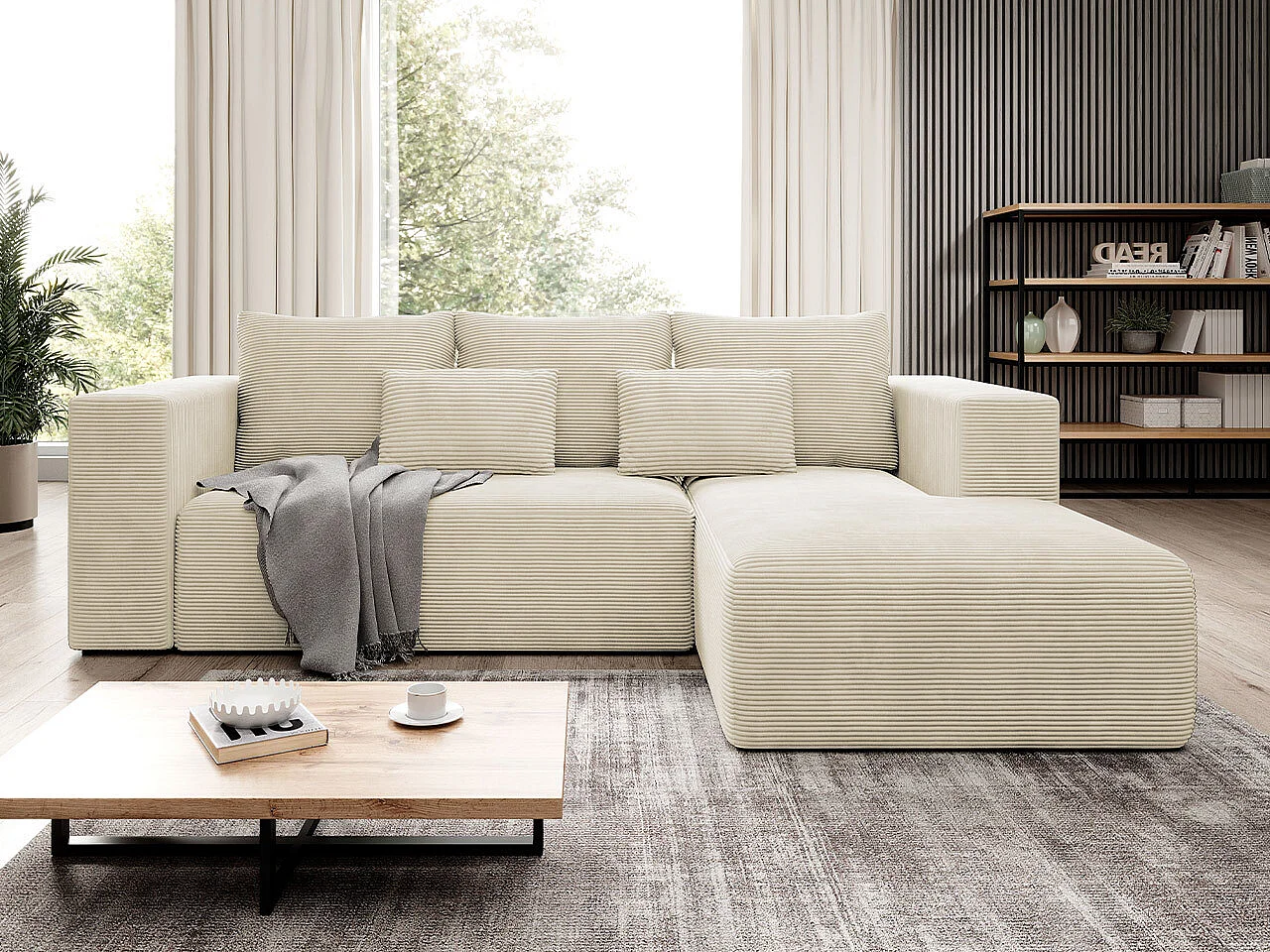 Sofá rinconero Arvada 116, De color marrón claro, Función de descanso, Almacenaje, 255cm