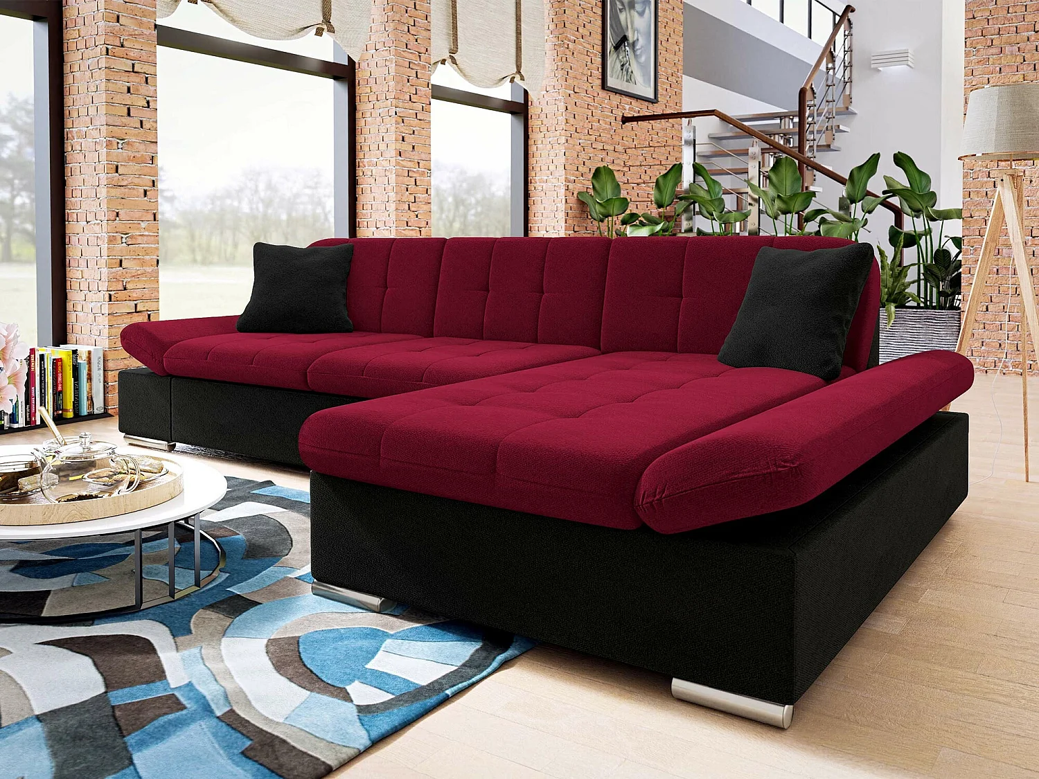 Sofá rinconero Comfivo 152, Rojo, Función de descanso, Almacenaje, 278x161x76cm