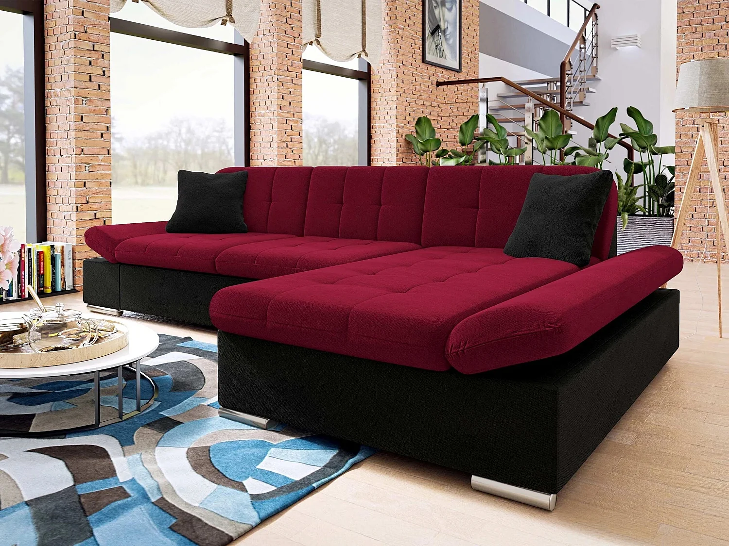 Canapé d'angle convertible 3 places en tissu rouge 278x161x76 cm