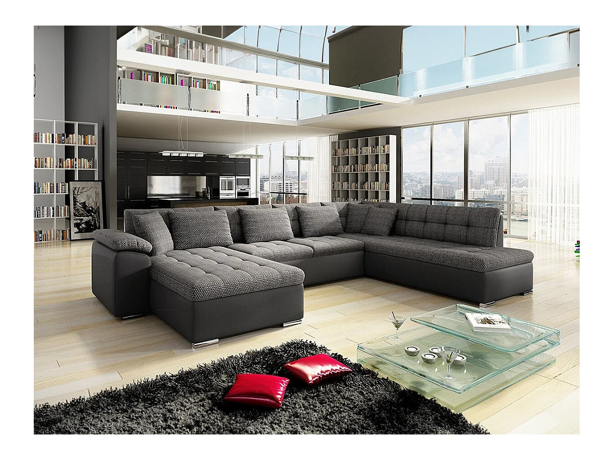 Canapé d'angle Comfivo 114, Gris, Fonction de couchage, Boîte de literie, 348x205x76cm