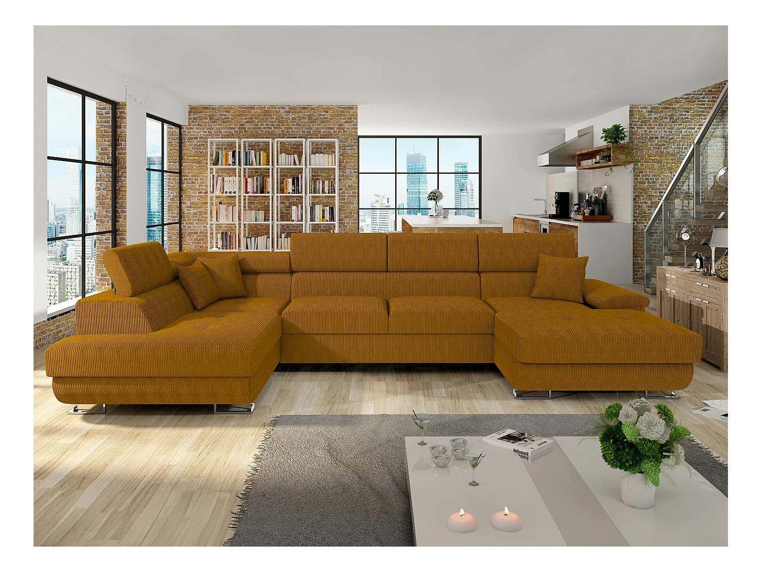 Sofá rinconero Comfivo 138, Amarillo, Función de descanso, Almacenaje, 345x202x71cm