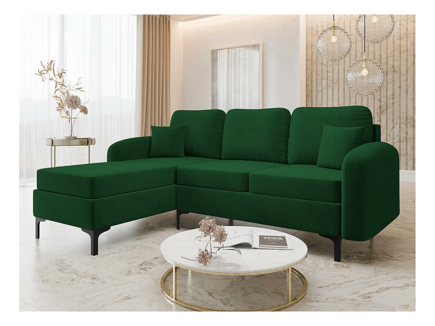 Sofá rinconero Torlua 103, Verde, Función de descanso, Almacenaje, 225x172x96cm