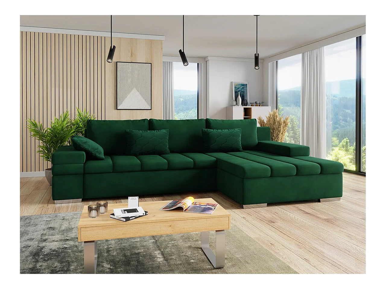 Canapé d'angle Comfivo 169, Vert, Fonction de couchage, Boîte de literie, 310x175x83cm