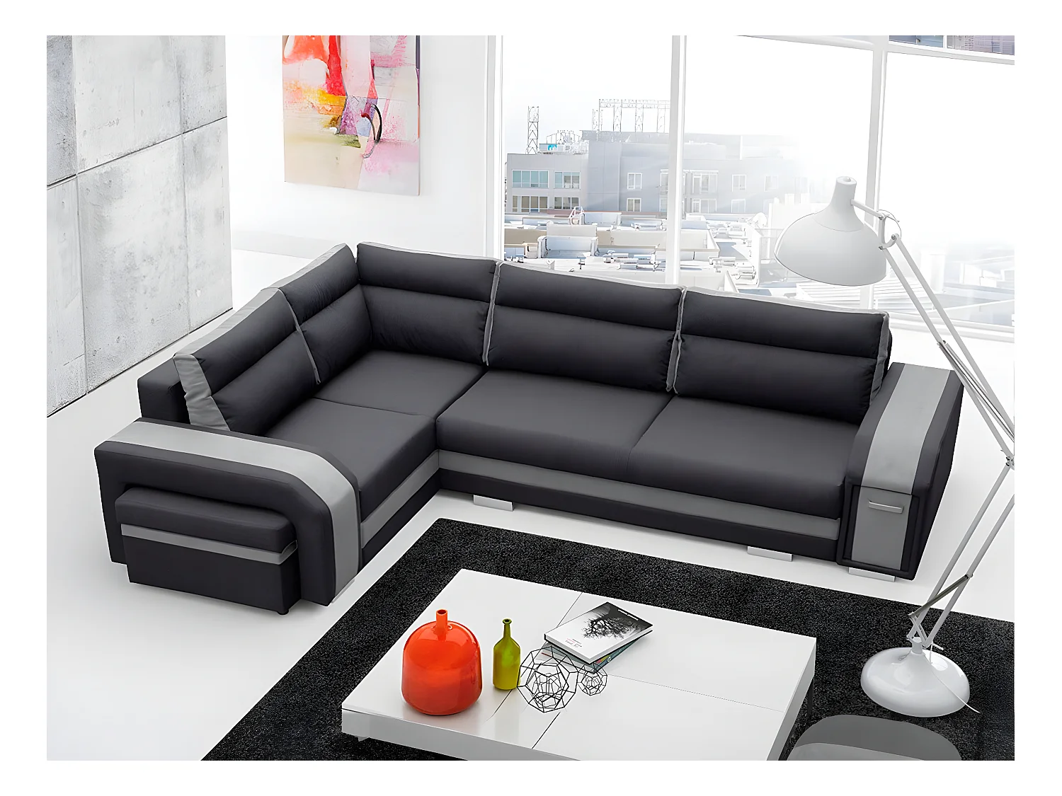 Canapé d'angle Kingsport 100, Gris, Fonction de couchage, Boîte de literie, 300x200x90cm