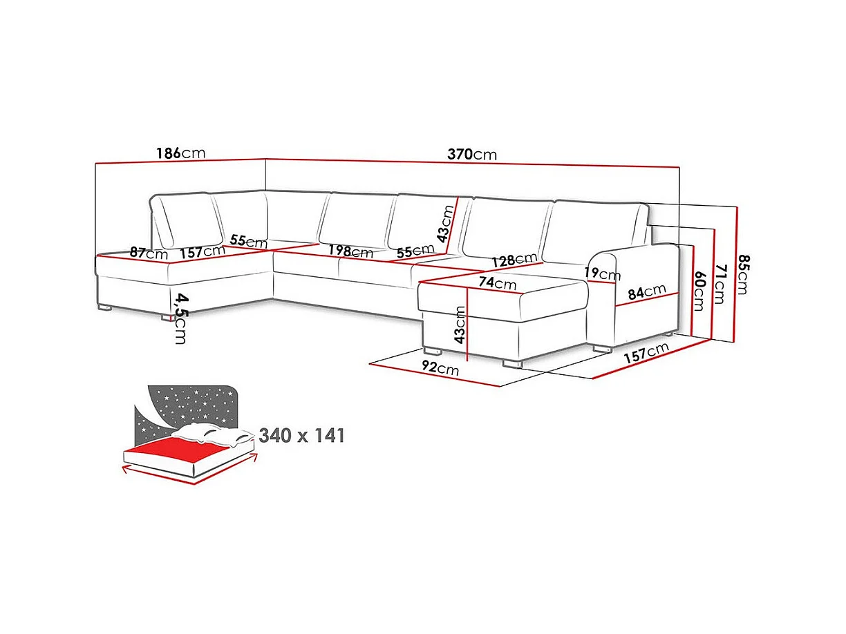 Canapé d'angle Comfivo 191, Rouge, Fonction de couchage, Boîte de literie, 370x186x85cm