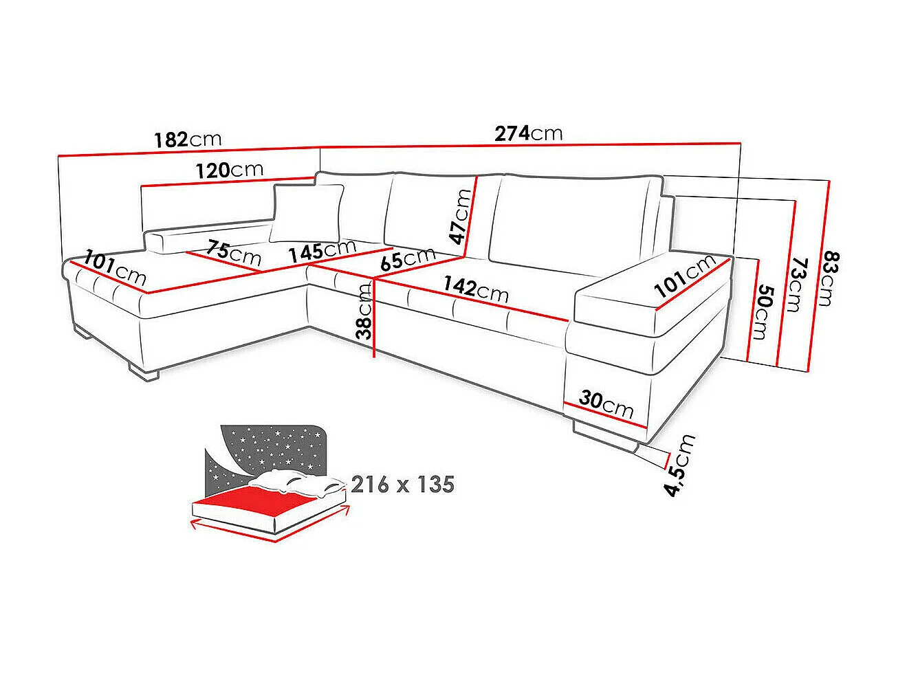 Canapé d'angle Comfivo 121, Rose, Fonction de couchage, Boîte de literie, 274x182x83cm