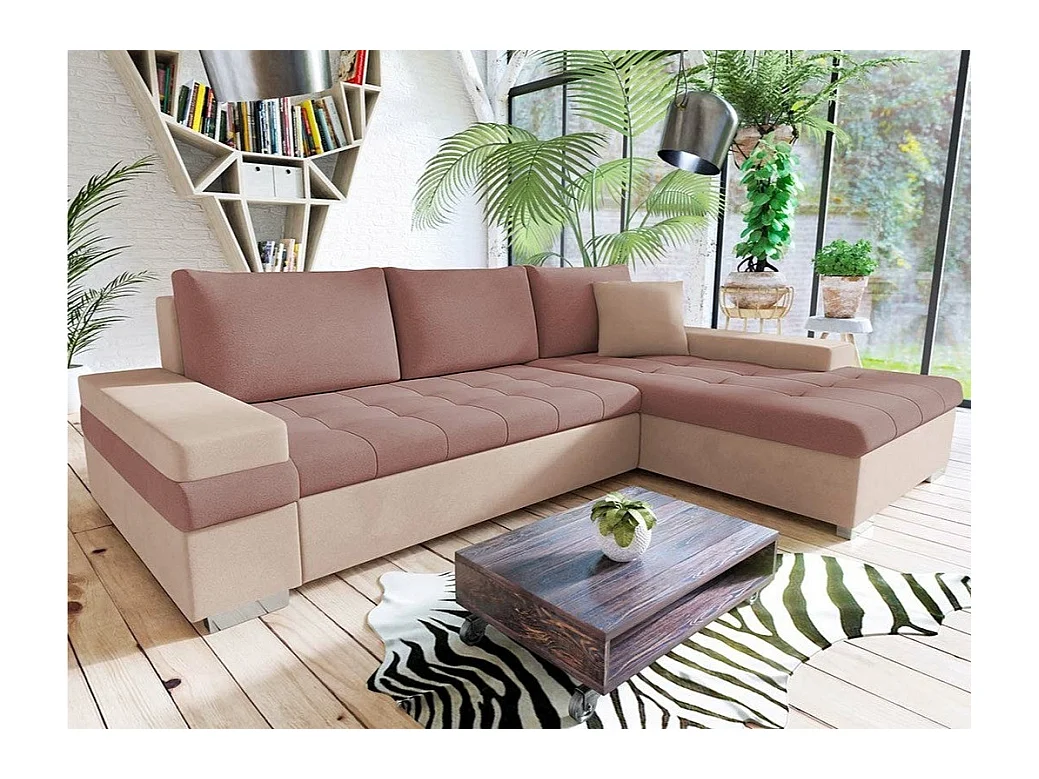 Canapé d'angle Comfivo 121, Rose, Fonction de couchage, Boîte de literie, 274x182x83cm
