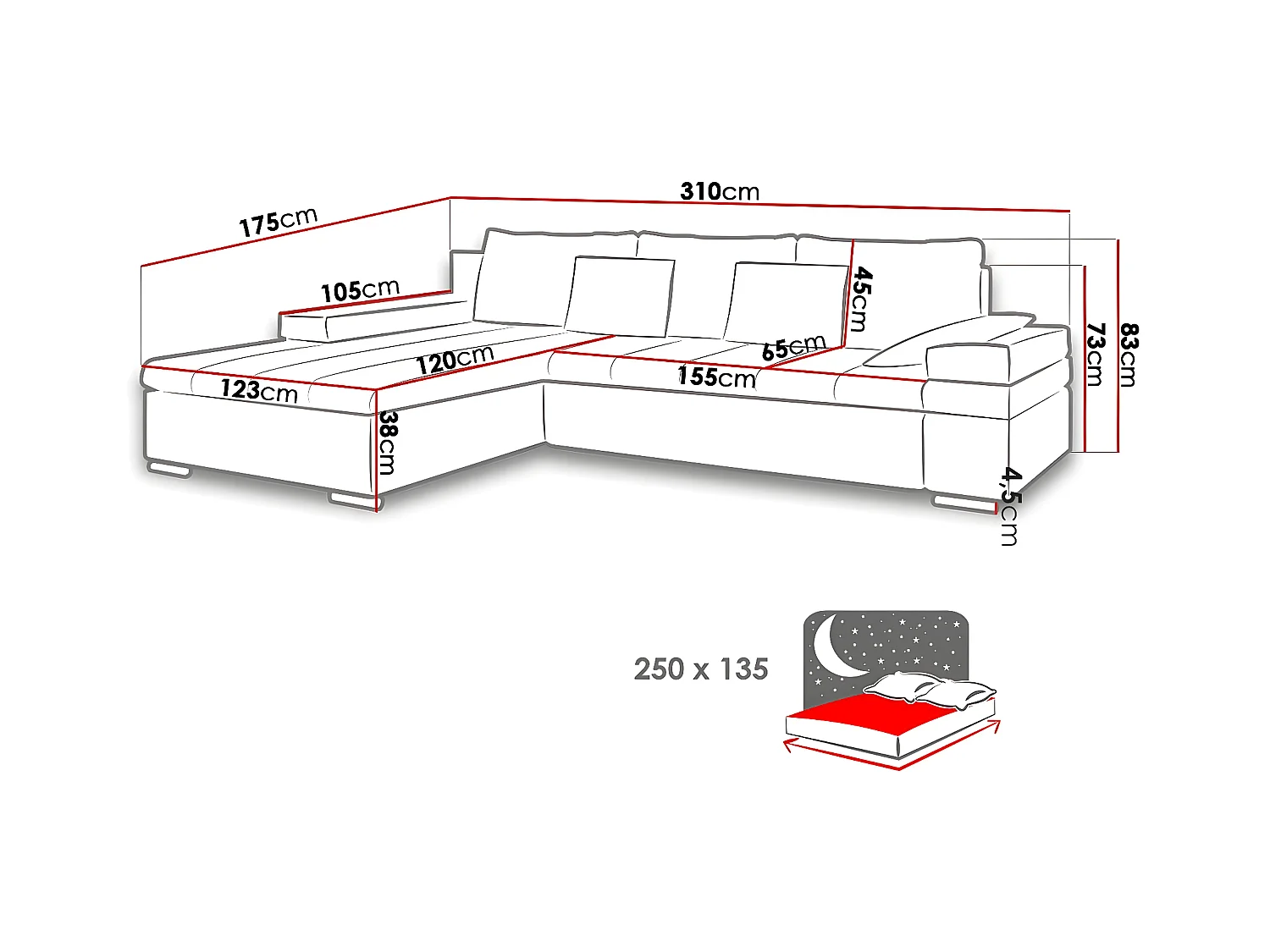 Sofá rinconero Comfivo 113, Gris, Función de descanso, Almacenaje, 310x175x83cm