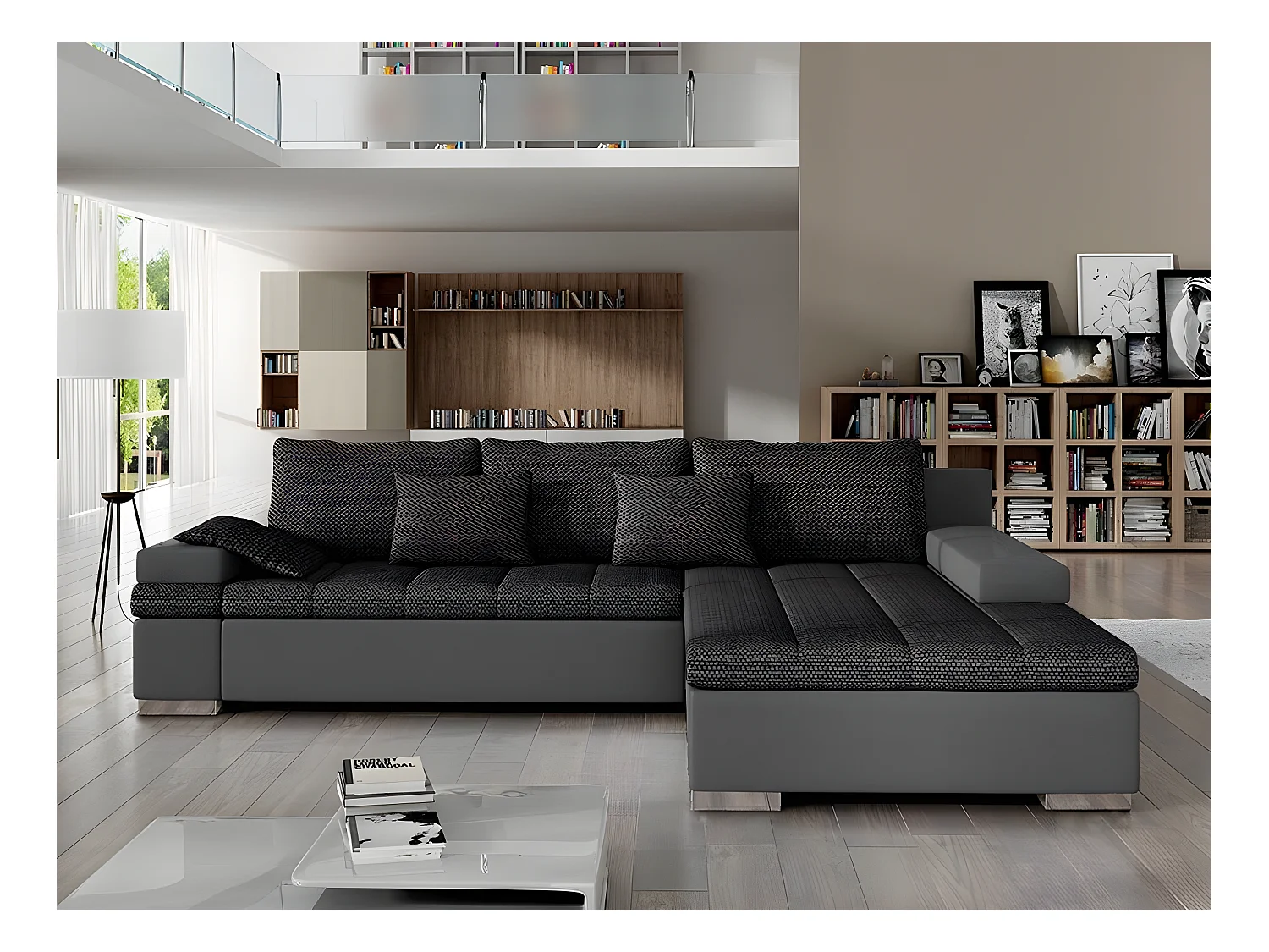 Canapé d'angle Comfivo 113, Gris, Fonction de couchage, Boîte de literie, 310x175x83cm