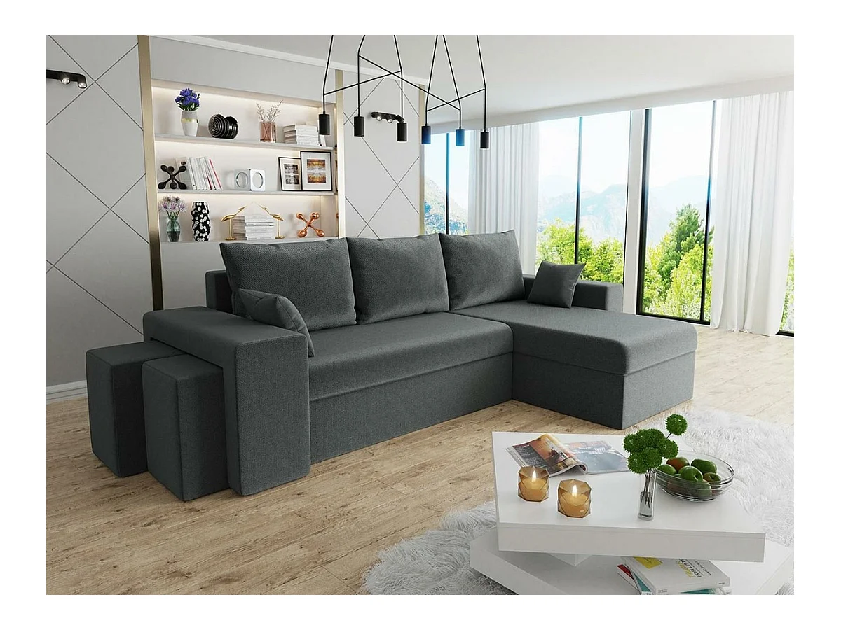 Canapé d'angle Memphis 129, Gris, Fonction de couchage, Boîte de literie, 256x139x80cm