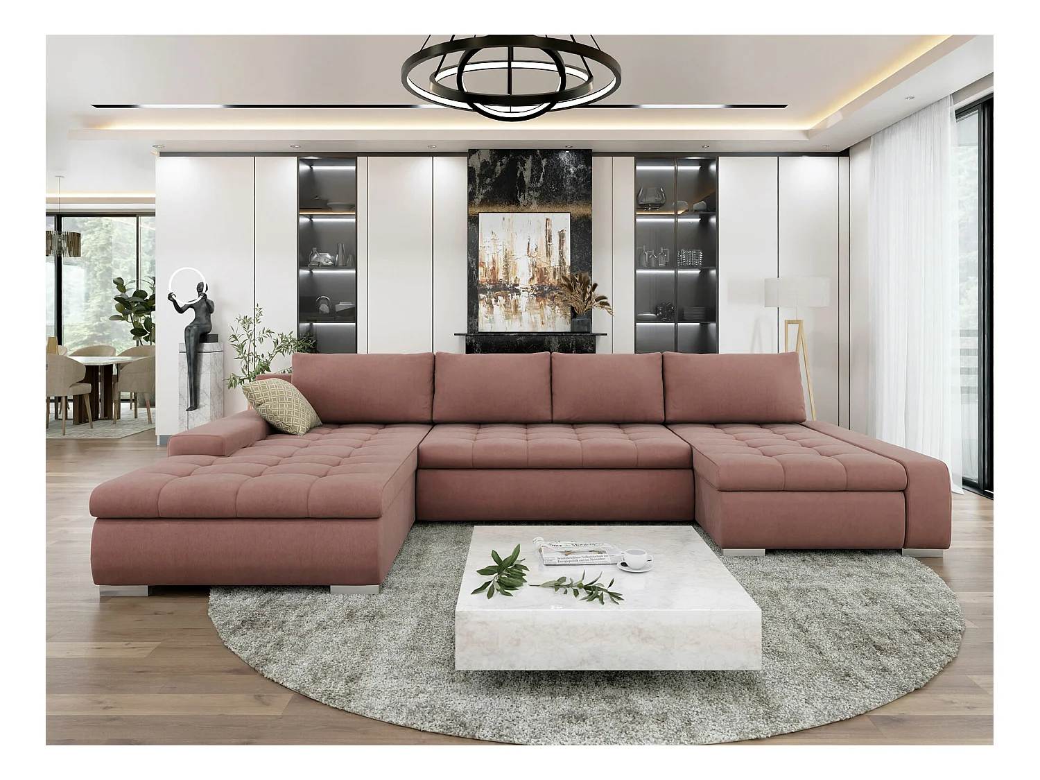 Canapé d'angle Comfivo 106, Rose, Fonction de couchage, Boîte de literie, 394x213x80cm