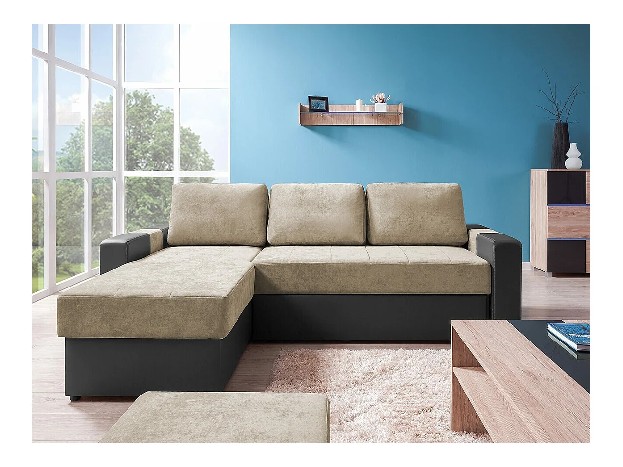 Canapé d'angle Providence 175, Brun clair, Fonction de couchage, Boîte de literie, 234cm