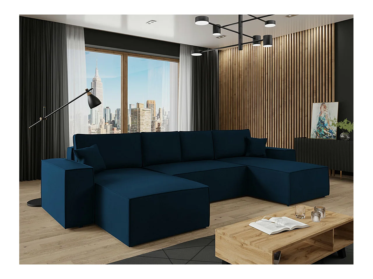 Canapé d'angle Clovis 109, Bleu, Fonction de couchage, Boîte de literie, 370x174x94cm